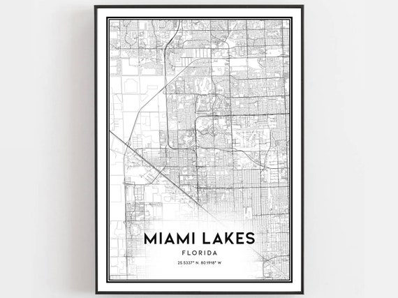 Miami Lakes Map Print Poster Wall Art Fl City Florida Street Decor Road Gift B1872
