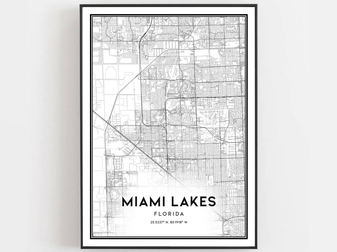 Miami Lakes Florida Street Map Black White Minimalist City Poster