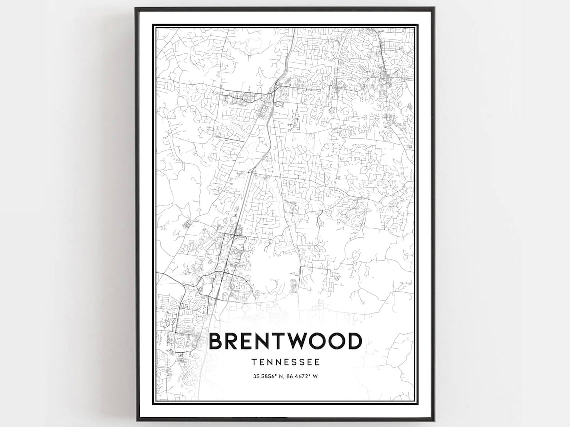Brentwood Tennessee Minimalist Black White City Street Map Poster