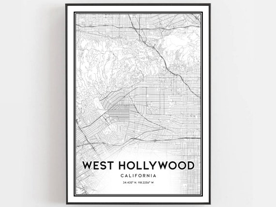 West Hollywood Map Print Poster Wall Art Ca City Street Decor Road Gift B1690