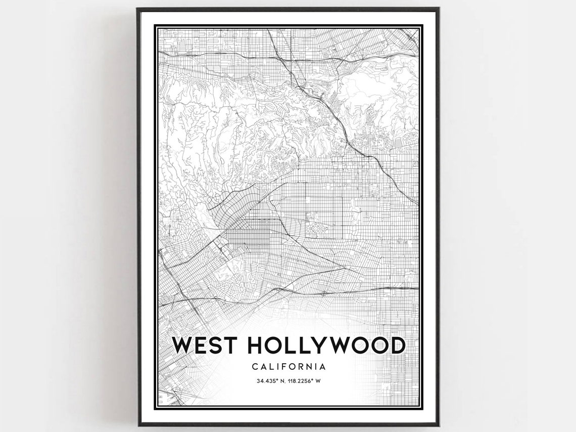West Hollywood California Street Map Print Black and White Art