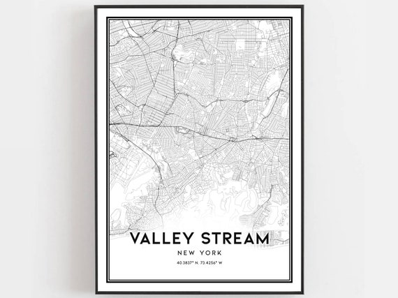 Valley Stream Map Print Poster Wall Art Ny City New York Street Decor Road Gift B1672