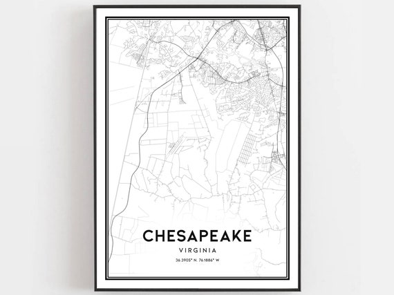 Chesapeake Map Print Poster Wall Art Va City Virginia Street Decor Road Gift