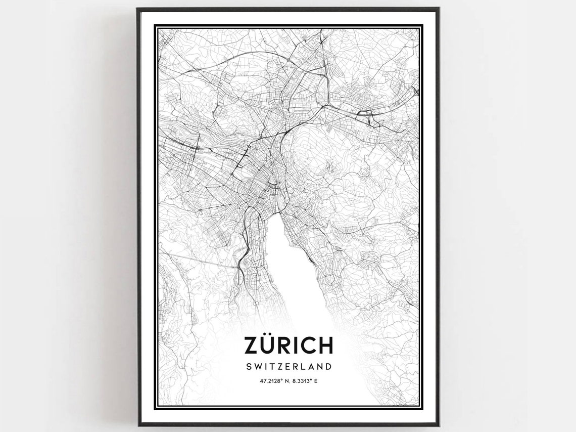 Zurich Switzerland Black White City Map Coordinates Travel Poster