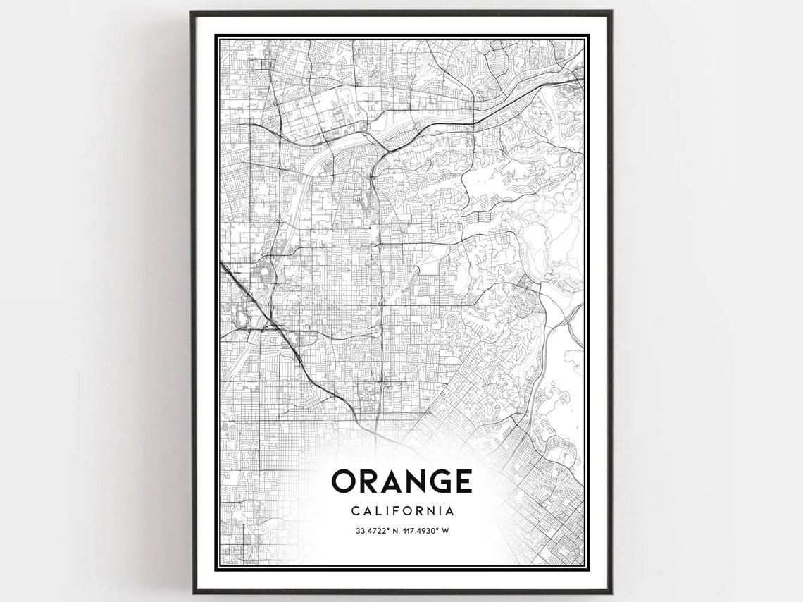 Orange California Minimalist Black and White City Map Wall Art