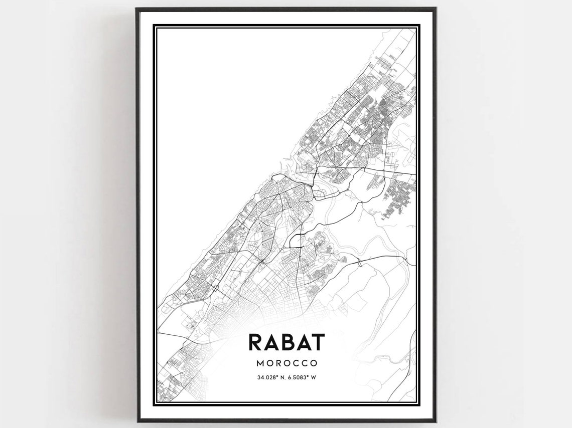 Rabat Morocco City Street Map Black and White Travel Poster Art