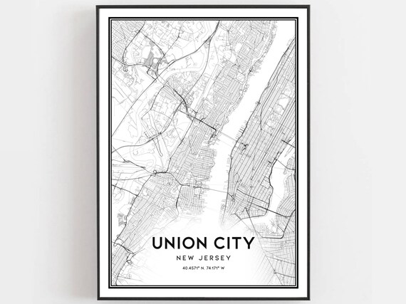 Union City New Jersey Minimalist Black and White Street Map Poster