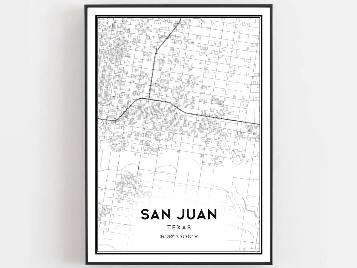 San Juan Texas City Street Map Black and White Minimalist Art Poster