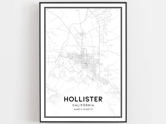 Hollister Map Print Poster Wall Art Ca City Street Decor Road Gift B1480