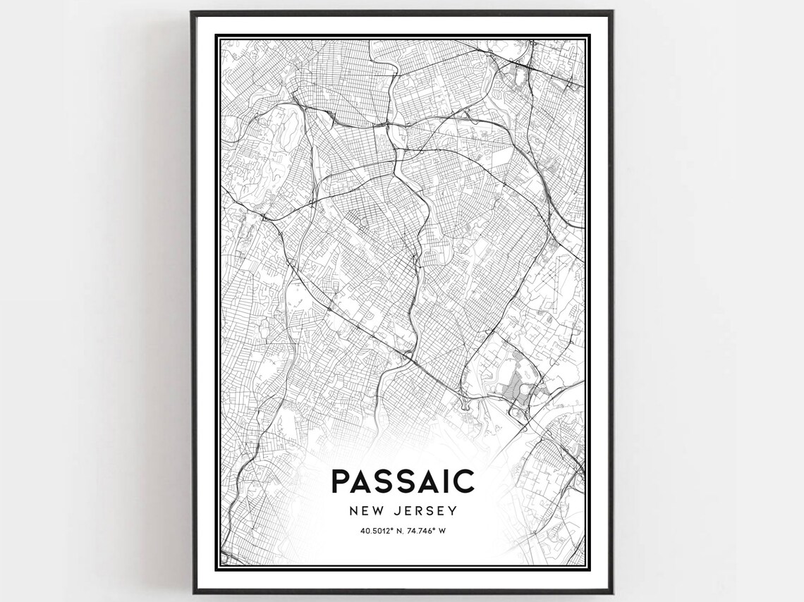 Passaic New Jersey Street Map Poster with Printed Coordinates Gift