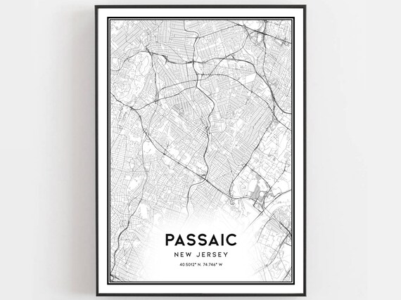 Passaic New Jersey Street Map Poster with Printed Coordinates Gift