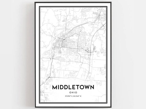 Middletown Map Print Poster Wall Art Oh City Ohio Street Decor Road Gift B879