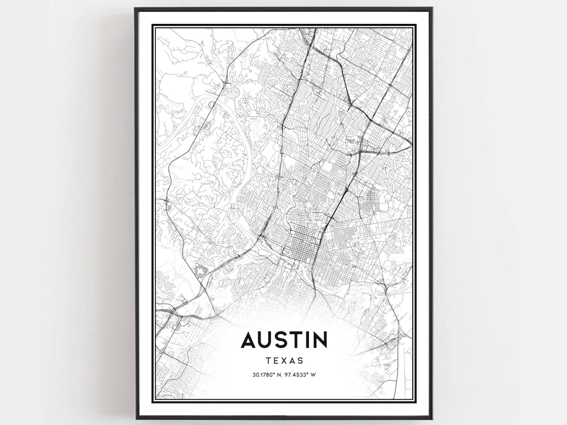 Austin Texas Downtown Minimalist Black White City Street Map Poster