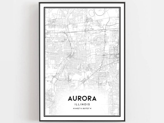 Aurora Map Print Poster Wall Art Il City Illinois Street Decor Road Gift