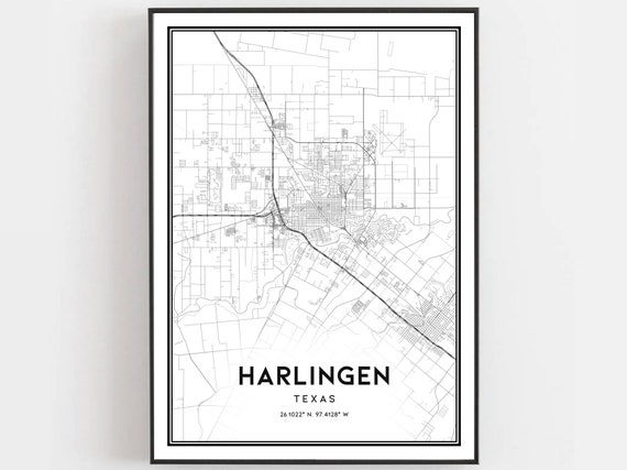 Harlingen Map Poster Print, Texas Street Decor
