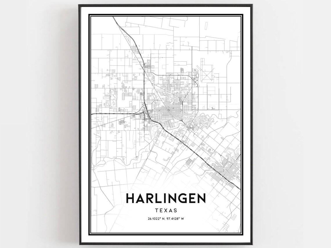 Harlingen Map Poster Print, Texas Street Decor