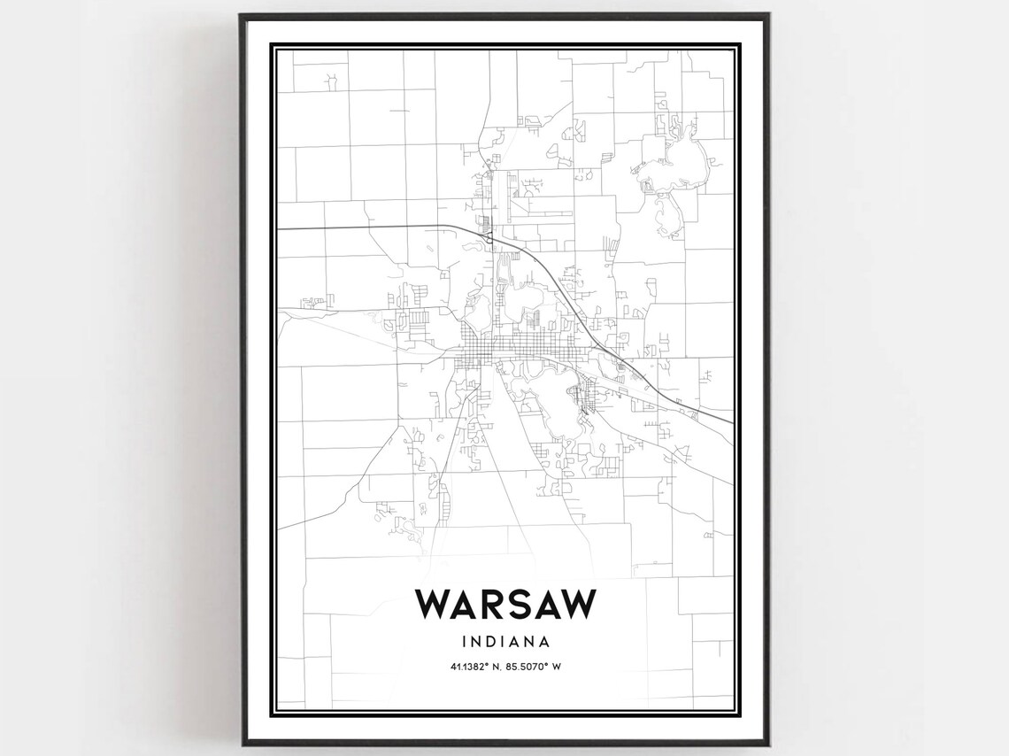 Warsaw Indiana Minimalist Black and White City Street Map Poster