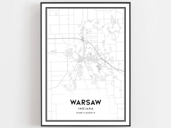 Warsaw Map Print Poster Wall Art In City Indiana Street Decor Road Gift B1822