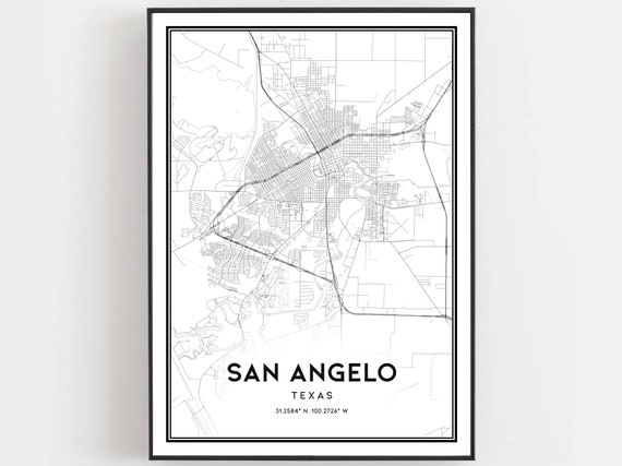 San Angelo Map Print Poster Wall Art Tx City Texas Street Decor Road Gift B868