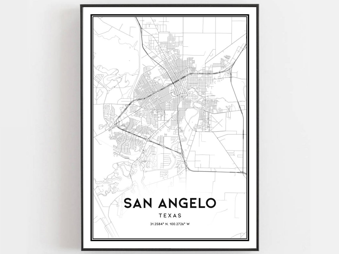 San Angelo Texas Street Map Black White Minimalist City Poster