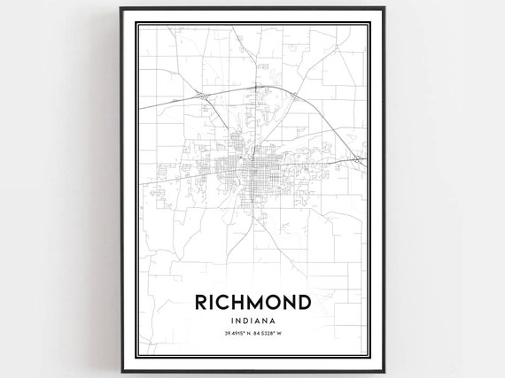 Richmond Map Print Poster Wall Art In City Indiana Street Decor Road Gift B1537