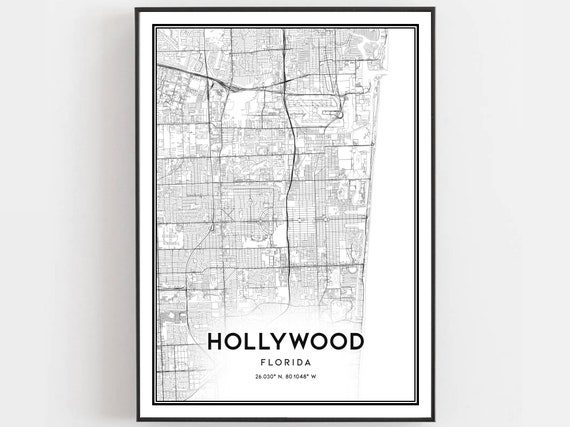 Hollywood Map Print Poster Wall Art Fl City Florida Street Decor Road Gift