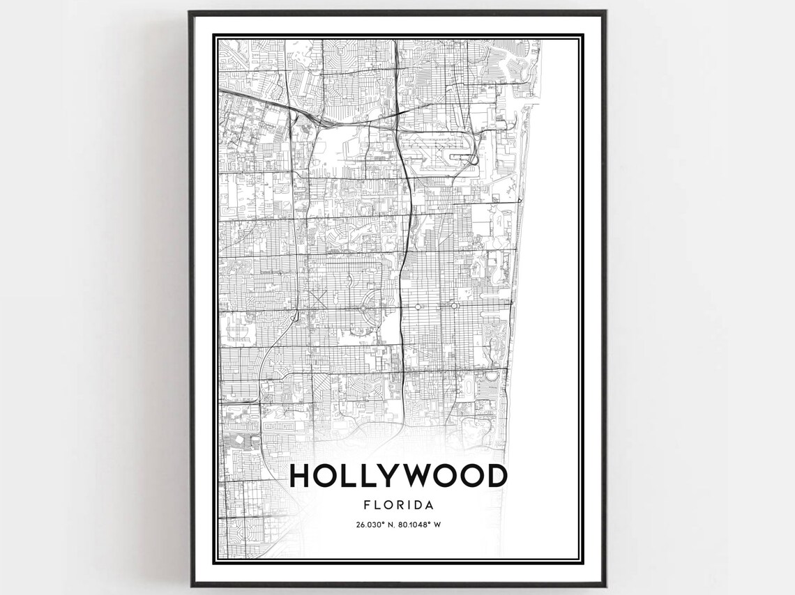 Hollywood Florida City Street Map Black and White Art Poster