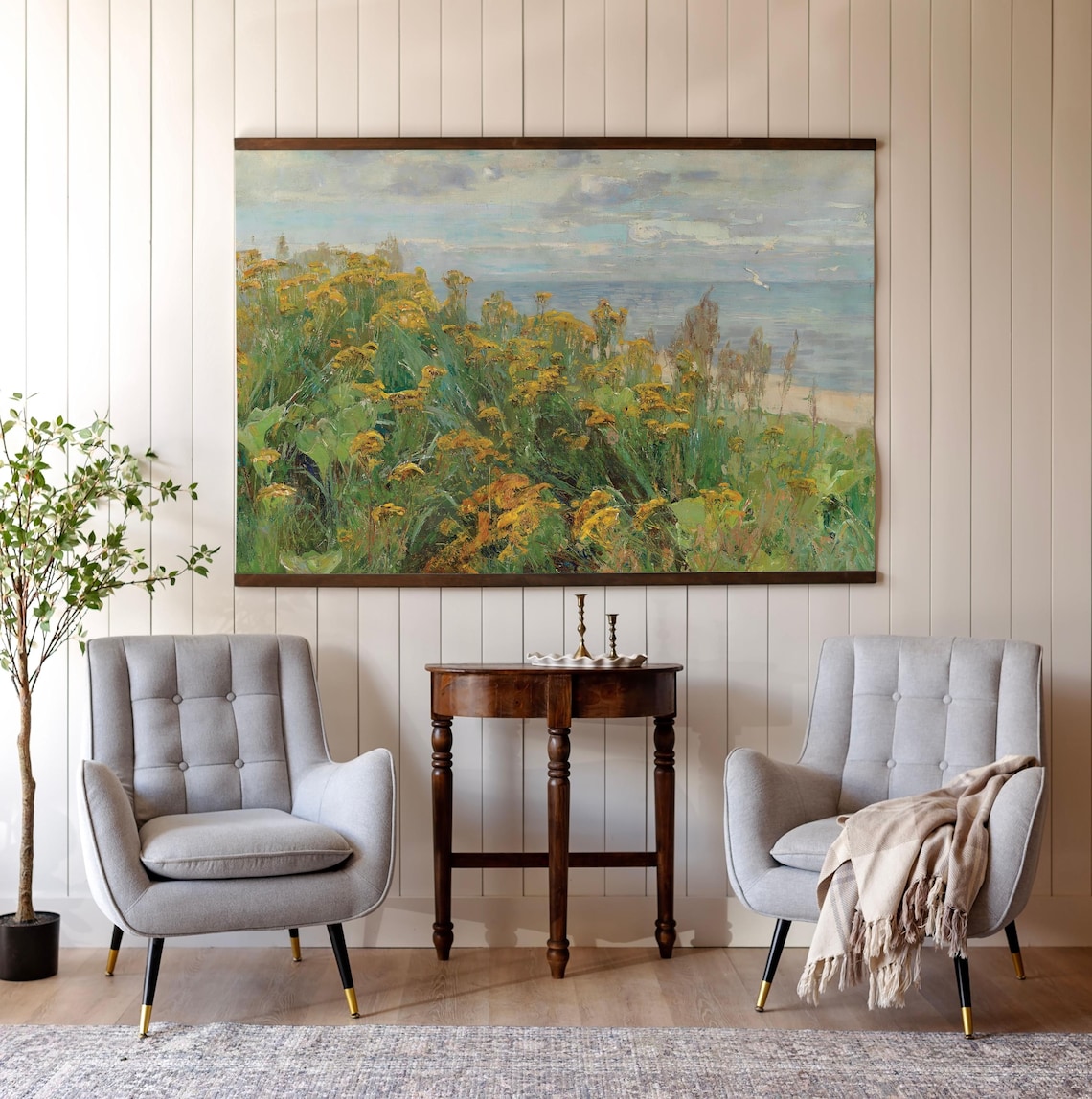 Yellow Wildflowers Sea Coast Vintage Oil Painting Coastal Poster - Image 3