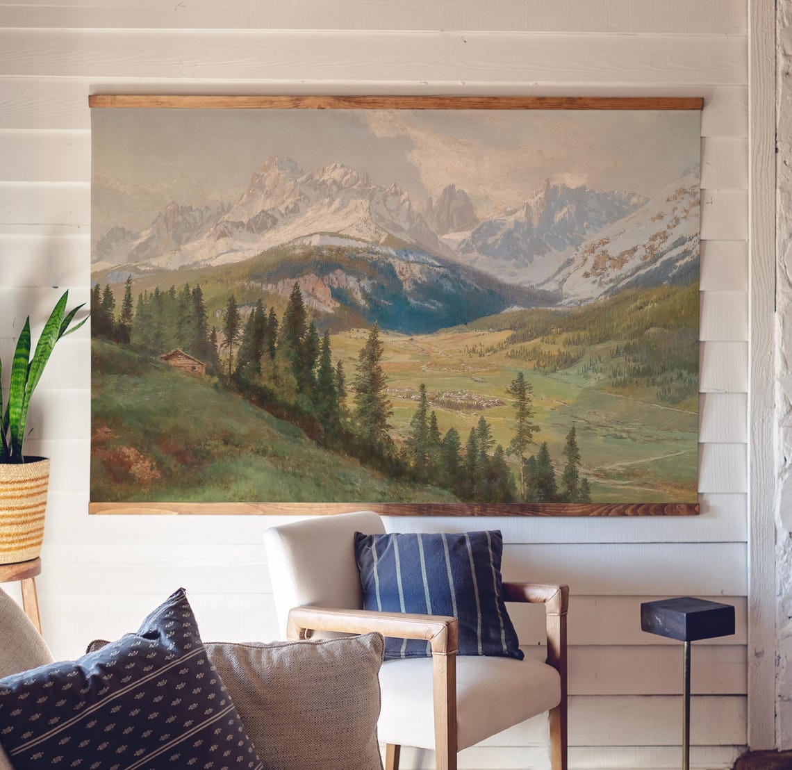 Alpine Valley with Snow Capped Peaks and Mountain Chalet Poster - Image 2