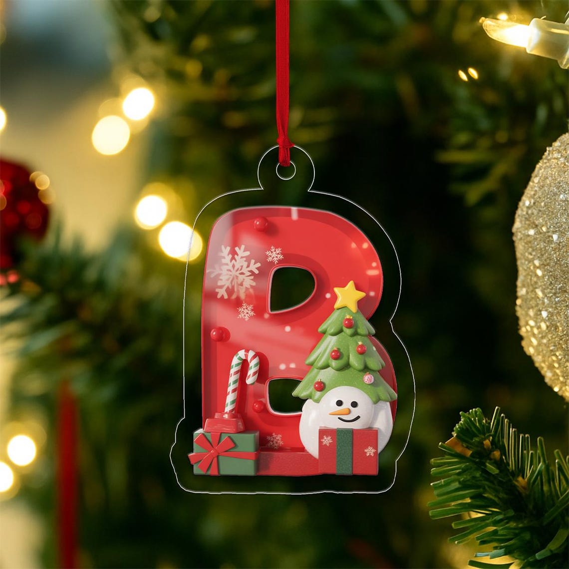 Red Letter B Snowman Tree Candy Cane Christmas Ornament Holiday Poster