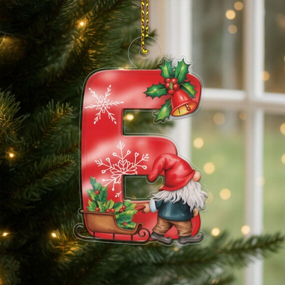 Red Letter E Gnome Pulling Sled Christmas Ornament Personalized Holiday Poster
