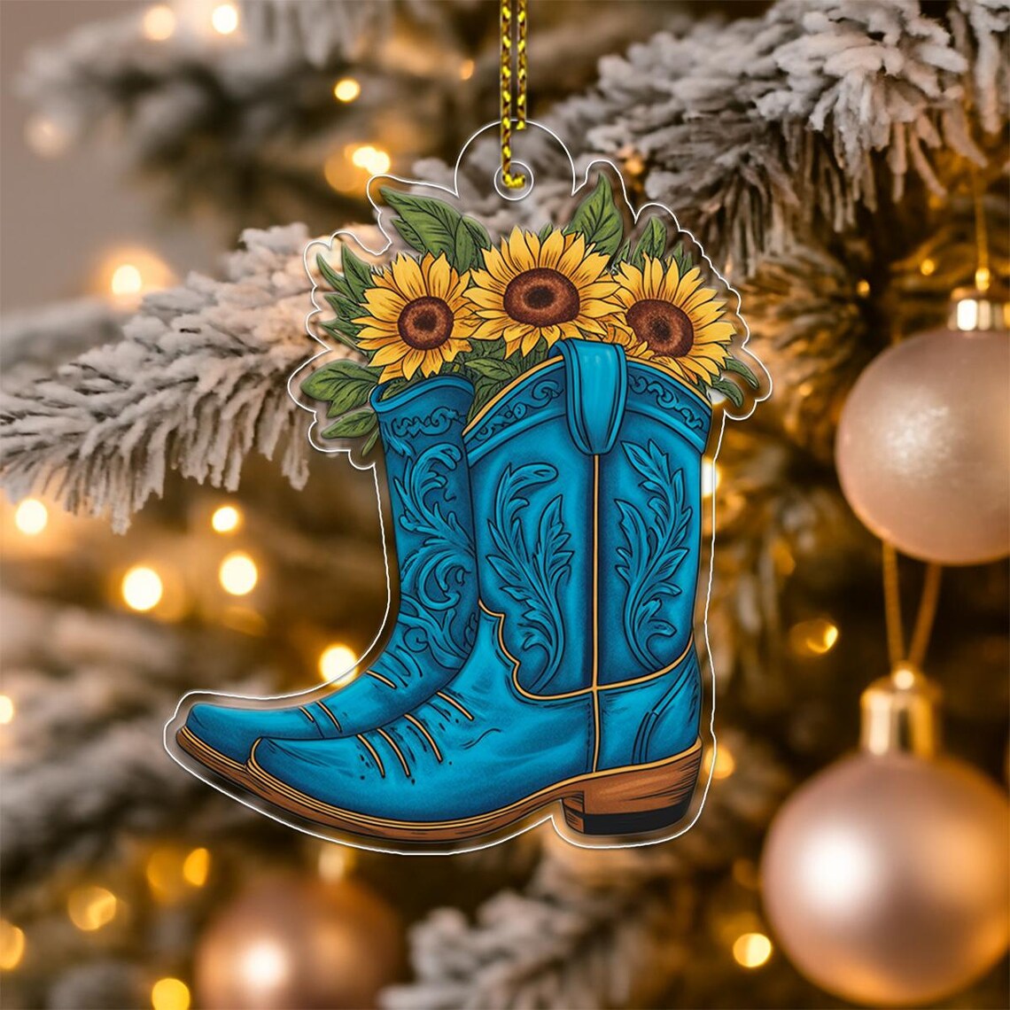 Turquoise Cowgirl Boots With Sunflowers Western Christmas Ornament Print