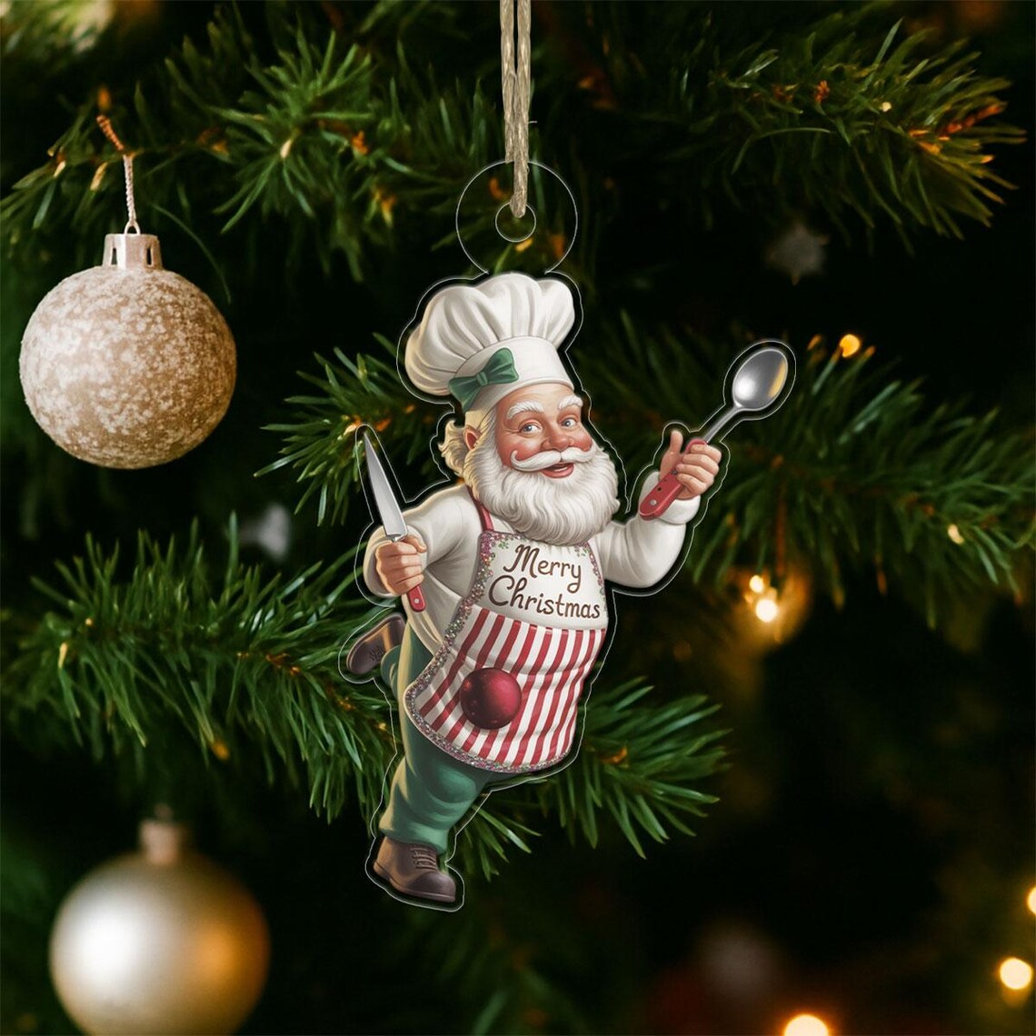 Santa Claus Chef Merry Christmas Acrylic Ornament Holiday Tree Print
