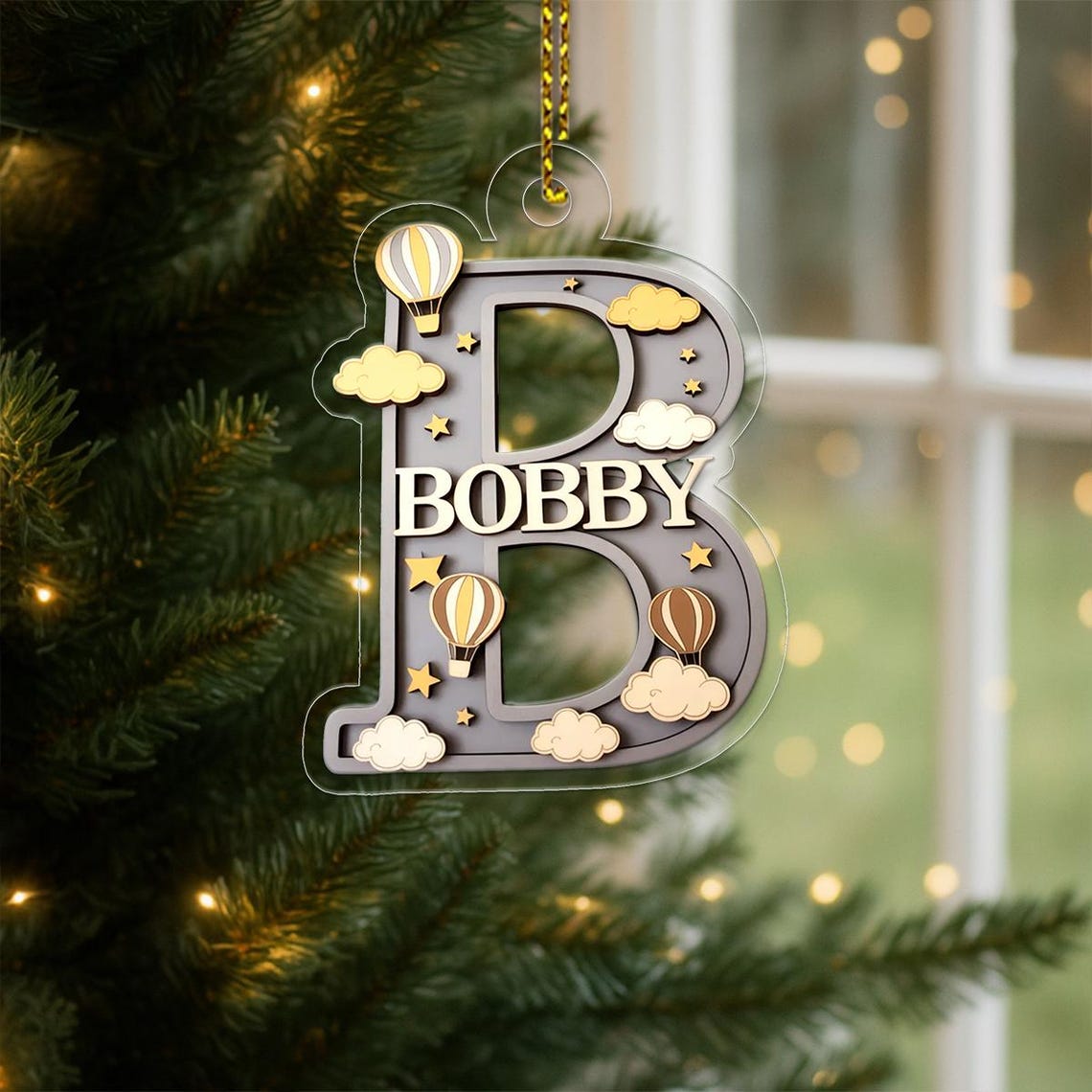 Personalized Letter B Name Ornament Hot Air Balloon Stars Wall Art