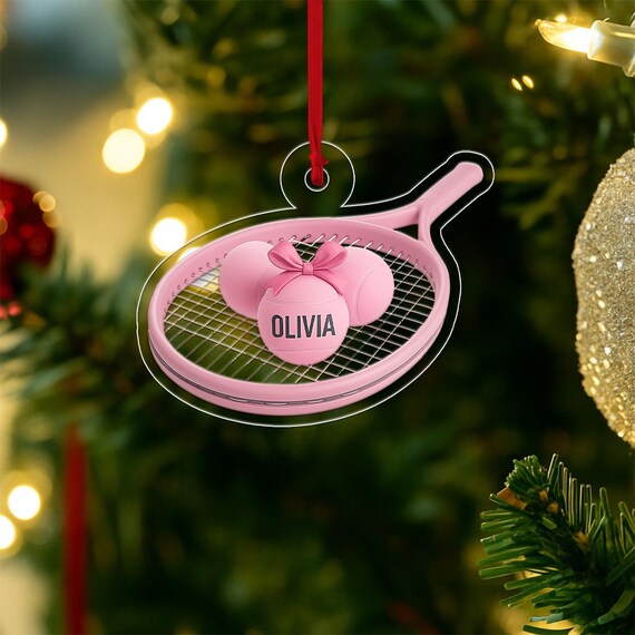 Personalized Olivia Cute Pink Tennis Racket Bow Ornament Poster