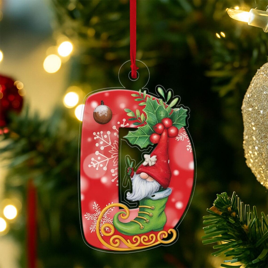 Red Letter J Cozy Gnome Elf Shoe Holly Snow Christmas Ornament Holiday Poster