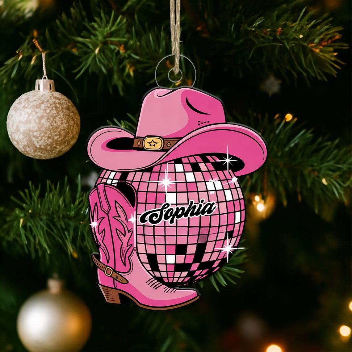Custom Name Cowboy Boots and Disco Ball Acrylic Ornament Wall Art
