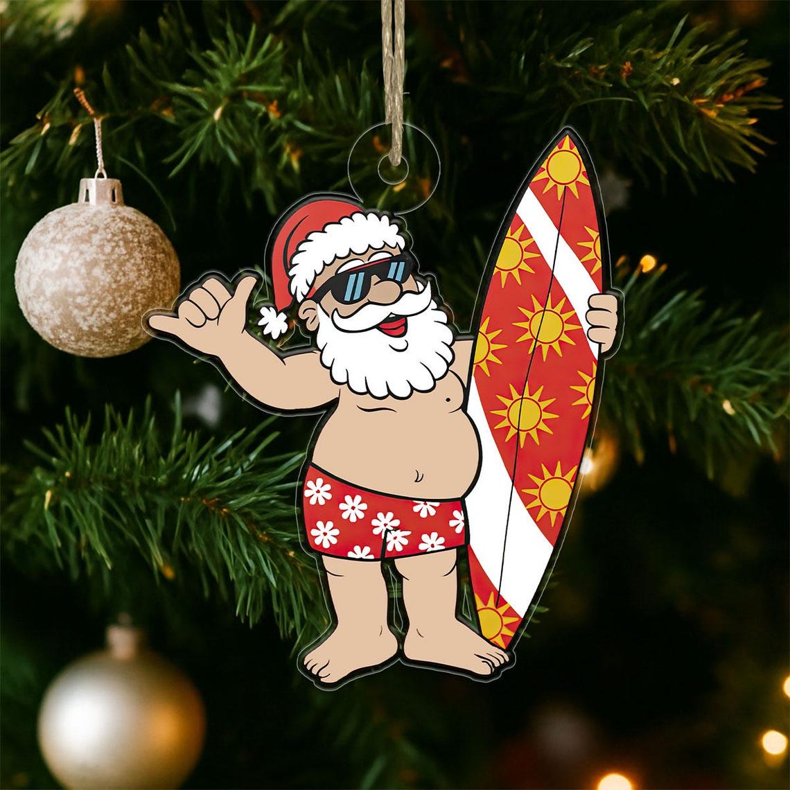 Surfer Santa Claus with Surfboard Tropical Christmas Ornament Print