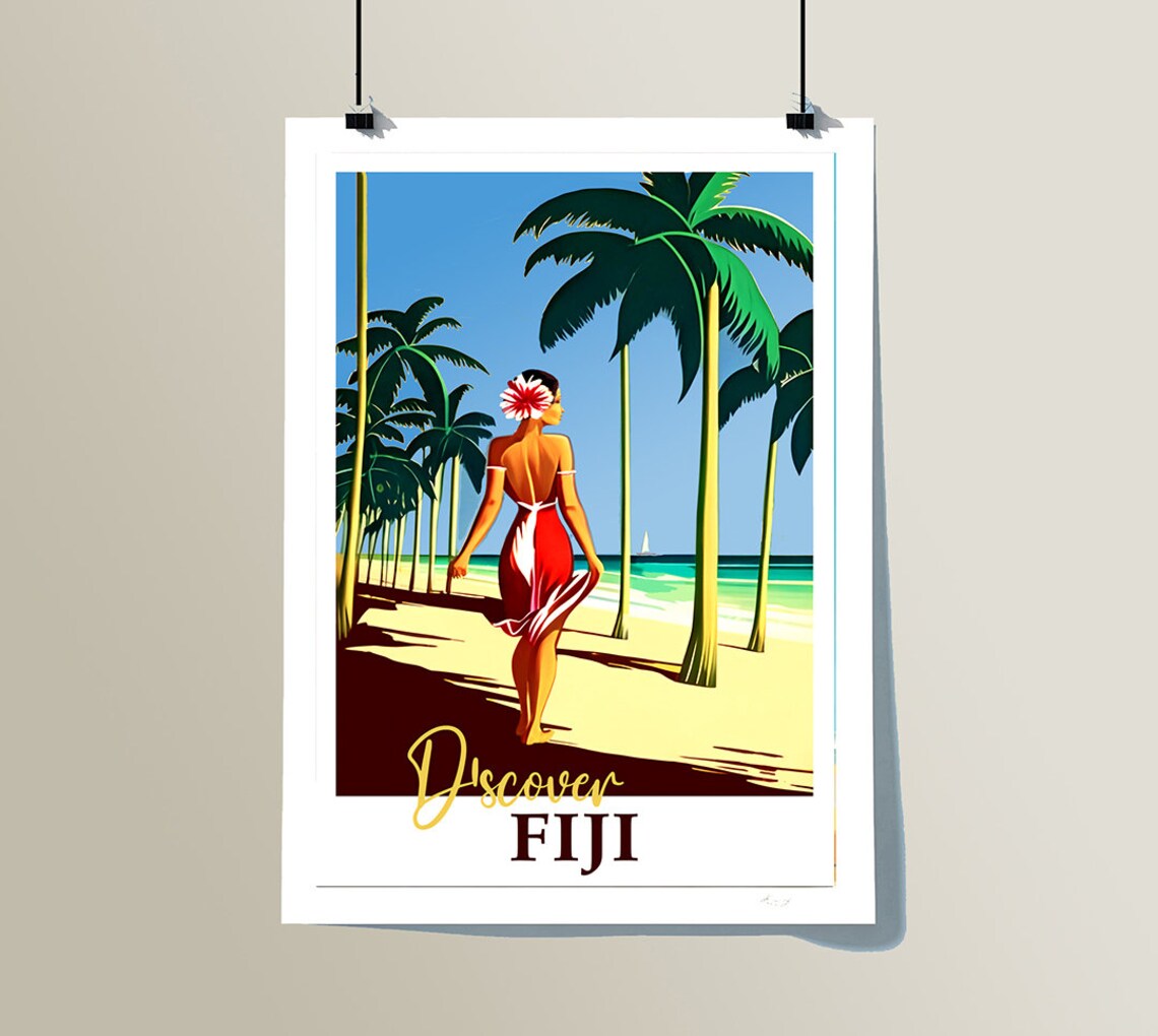 Discover Fiji Island Beach Palms Vintage Tropical Travel Poster Art - Image 2