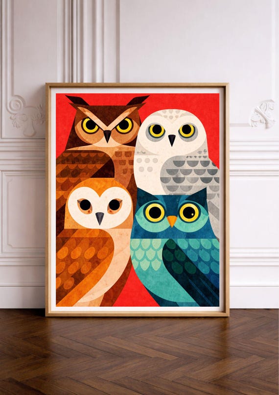 Stylized Owls Art Print Minimalist Animal Poster Modern Woodland Wall Scandinavian Nature Decor