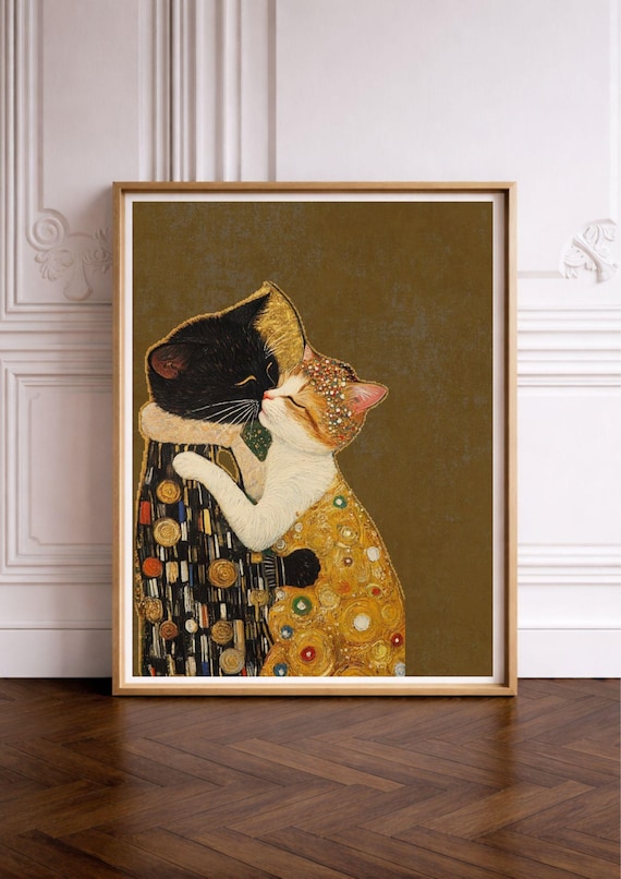 Klimt The Kiss Inspired Cat Couple Gold Romantic Embrace Art Print