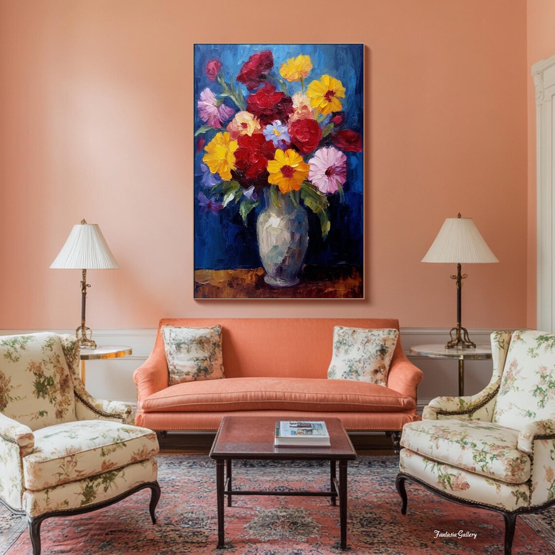 Bold Colorful Floral Bouquet In Vase On Deep Blue Background Print - Image 3