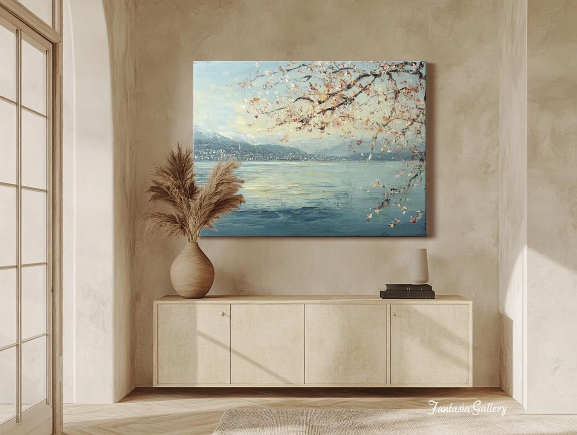 Lake Zurich Shoreline With Cherry Blossom Branches Spring Travel Print - Image 2
