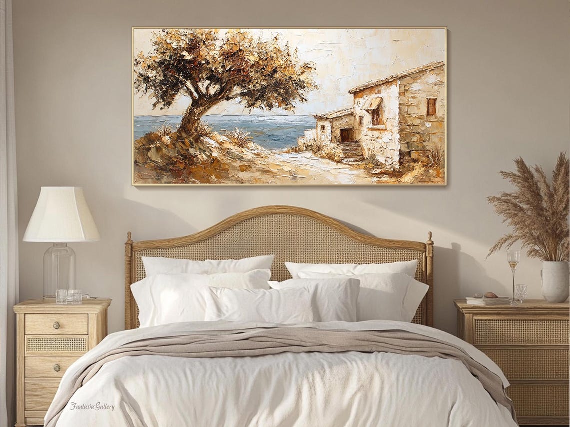 Rustic Coastal Stone House With Olive Tree By The Sea Wall Art - Image 2