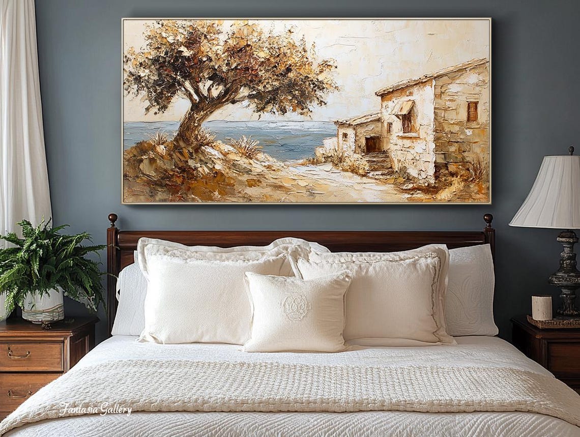 Rustic Coastal Stone House With Olive Tree By The Sea Wall Art - Image 4