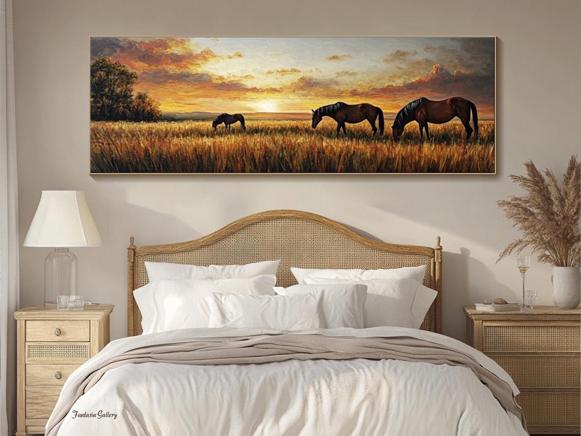 Large Golden Sunset Wall Art Landscape Painting Abstract Horse Oil Painting On Textured Wall Art Horse Wall Decor Livingroom Wall Art - Image 2
