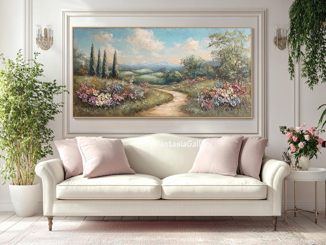 Wildflower Path Through Rolling Hills With Cypress Trees Wall Art - Image 2