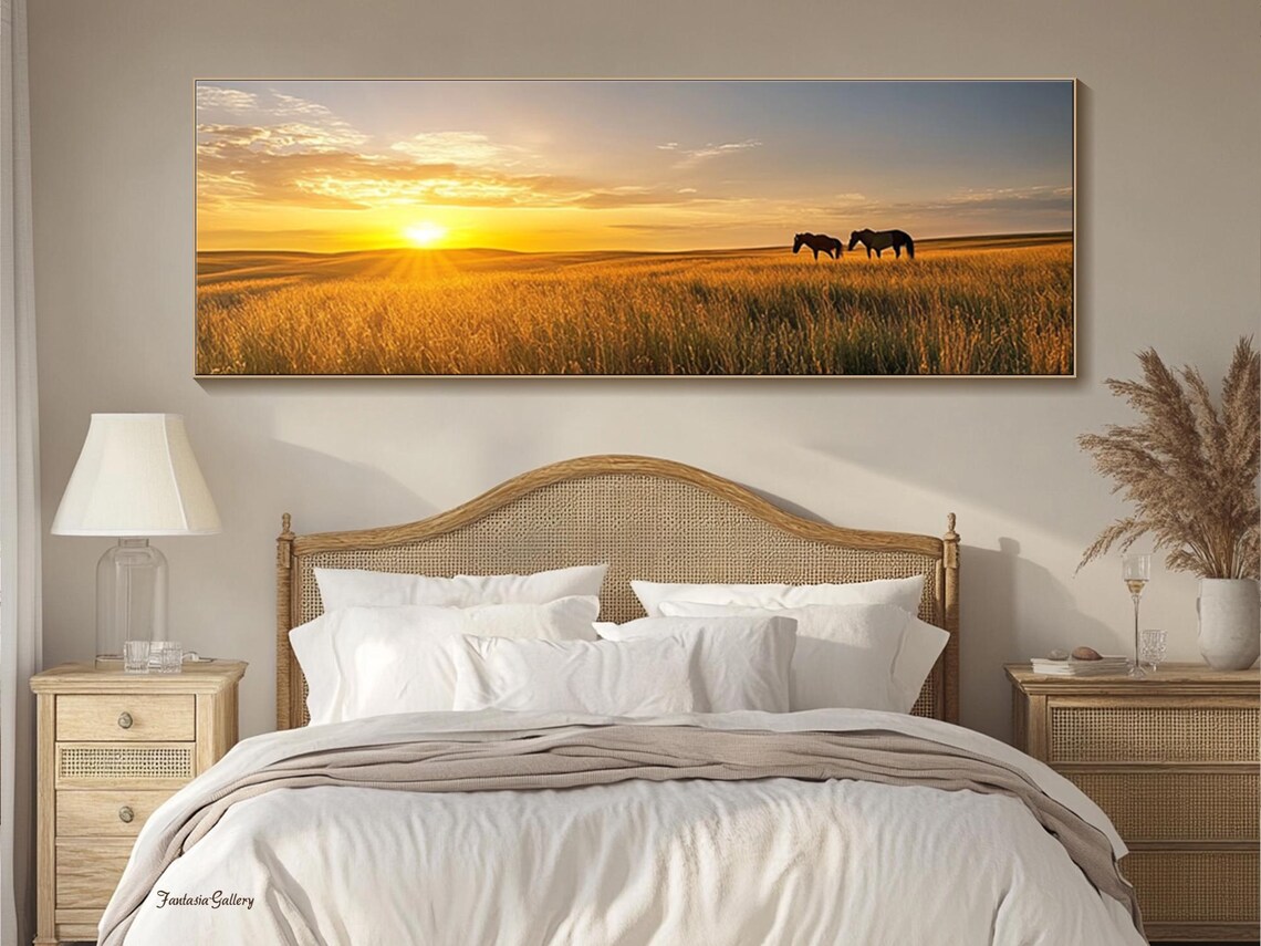 Golden Sunset Horses in Wheat Field Panoramic Landscape Oil Painting - Image 2