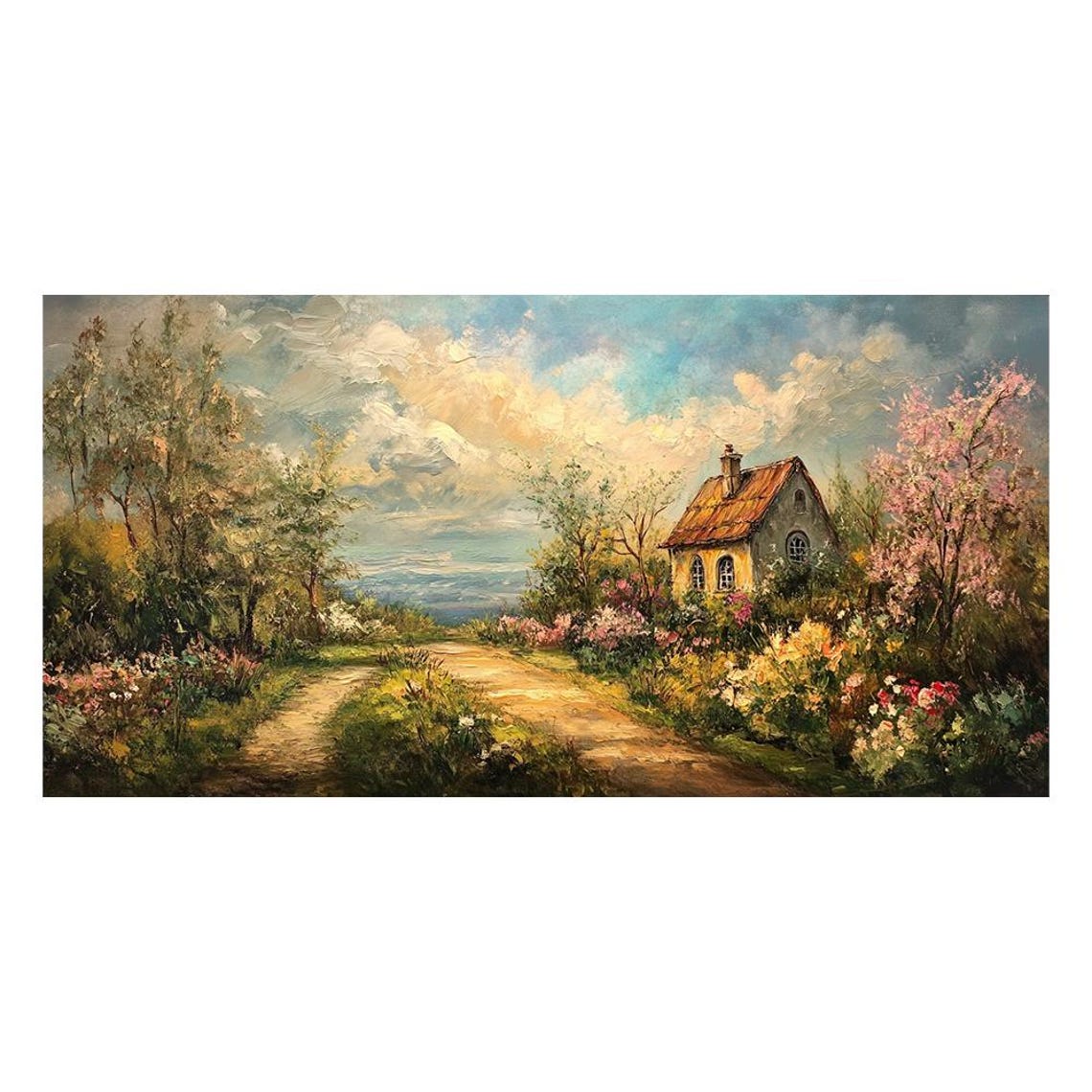 Country Cottage Garden Path Blooming Flowers Oil Painting Landscape - Image 4