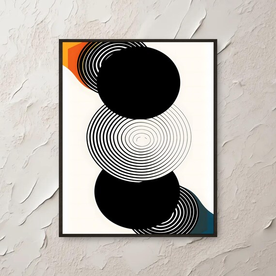 Triple Circle Abstract Wall Art Black White Optical Print Modern Spiral Geometric Poster Minimalist Design Bold Home Decor
